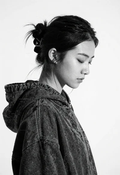 Black and white profile portrait of young woman with closed eyes