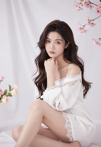 Young woman in white lace dress seated against soft floral backdrop