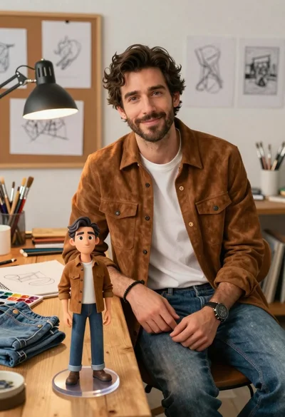 Handsome man in suede shirt sitting at desk in art studio