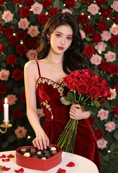 Young east asian woman in red velvet dress with roses and chocolates