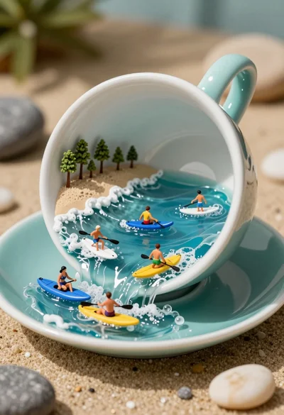 Macro photograph of tiny beach scene in a tipped teal teacup