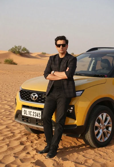 Confident man in blazer standing by yellow suv in desert