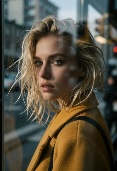 Closeup portrait of blonde woman looking over shoulder through glass pane