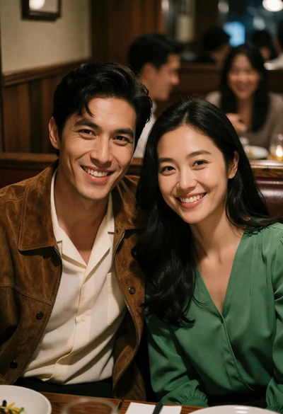 Couple smiling warmly at restaurant table in dimly lit booth