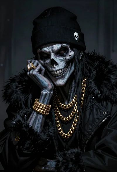 Grim reaper figure with gold jewelry and dark coat