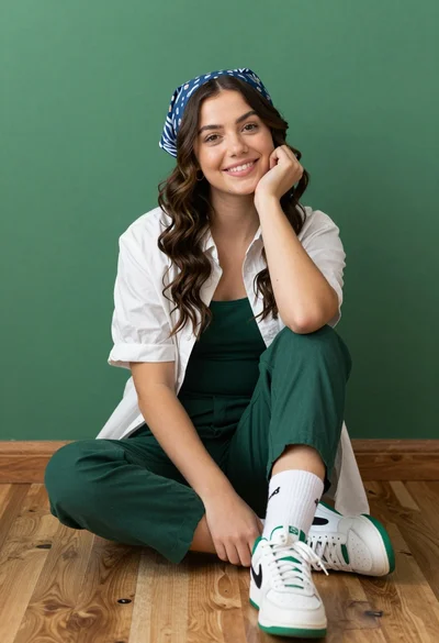 Young woman with brown hair sitting cross legged on wooden floor against