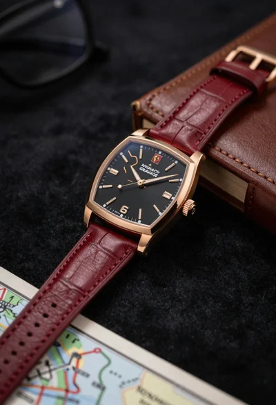 Closeup shot of luxury rose gold wristwatch on dark textured surface