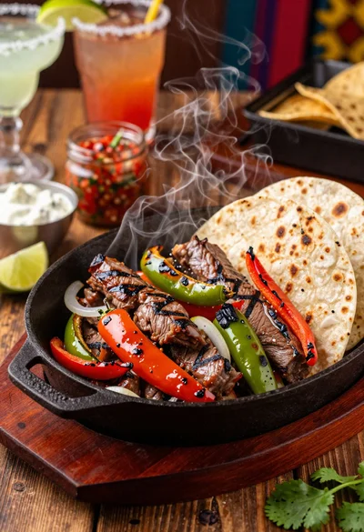 Close up of sizzling fajitas on a rustic wooden restaurant table