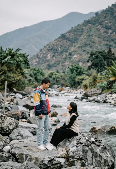 Romantic couple portrait on boulders in a rocky mountain riverbed
