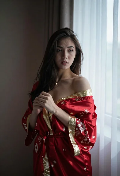 Woman in red kimono near sheer white curtains