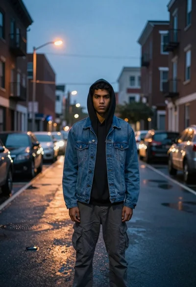 Young man standing alone on city street at dusk with denim jacket