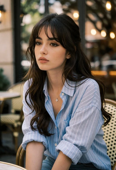 Young woman with dark brown hair at an outdoor cafe patio setting