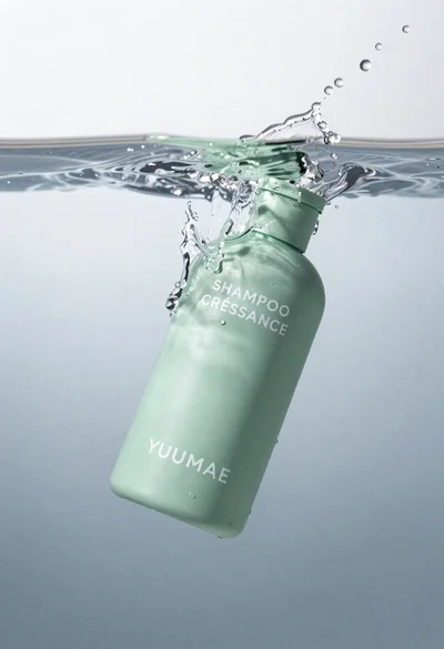 High angle close up of mint green shampoo bottle in water with