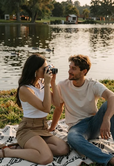 Couple sitting on blanket by lake taking photo at golden hour