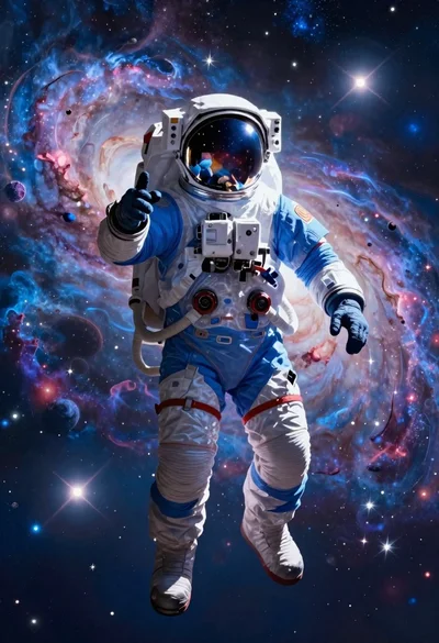 Astronaut floating in deep space near spiral galaxy