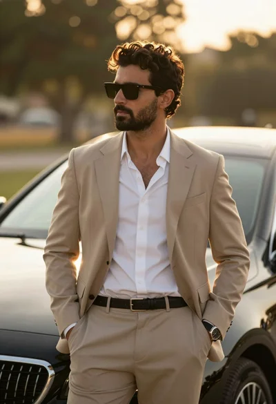 Handsome man in beige suit jacket standing by luxury car at golden