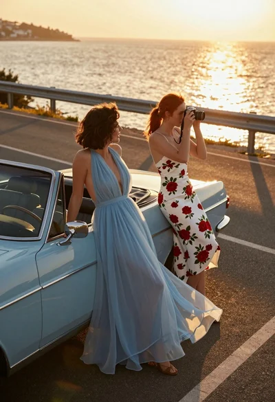 Two women posing by vintage convertible car on coastal road at sunset