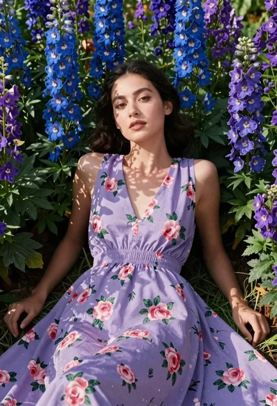 Woman in lavender dress lying among blue and purple flowers