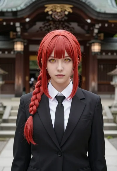 Portrait of young woman with red hair before traditional japanese shrine entrance