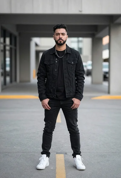 Man in black denim jacket standing confidently in urban outdoor setting
