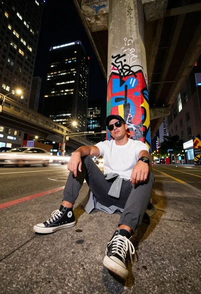 Man sitting under overpass at night in city