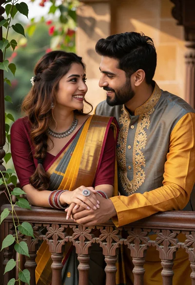 Romantic couple gazing at each other on an ornate wooden balcony railing