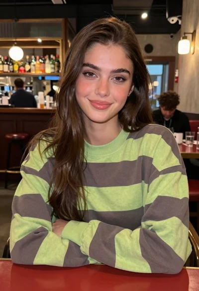 Young woman in striped sweatshirt sitting at restaurant table smiling