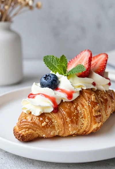 Close up of golden pastry filled with cream strawberries blueberries on white