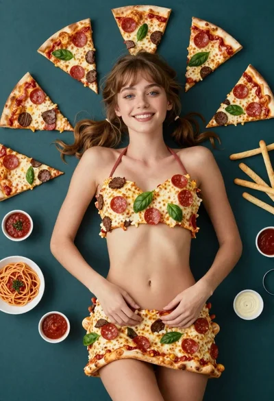 Woman lying on pizza slices in dark teal setting