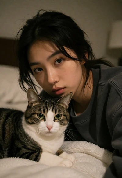 Young woman with dark hair holding a tabby cat in a softly