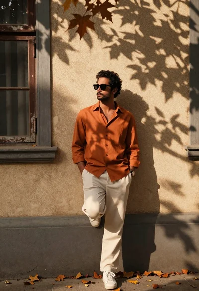 Stylish man in orange shirt leaning against beige wall with autumn leaves