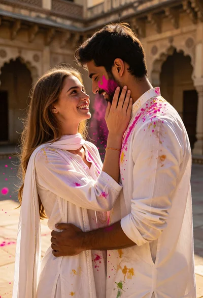 Couple sharing tender moment in white kurtas amidst sunlit courtyard architecture