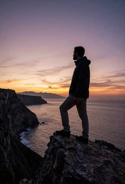 Bearded man silhouetted on rocky outcrop overlooking vast ocean at sunset