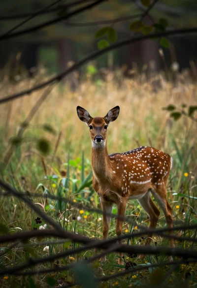Young spotted fallow deer standing alert in a dense woodland clearing