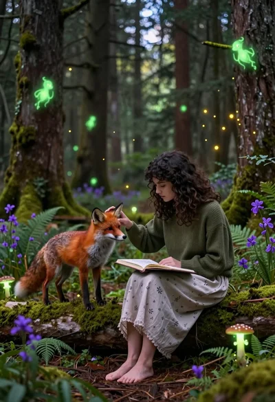 Young woman sketching red fox on mossy log in magical forest setting