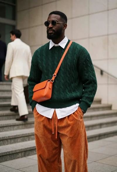 Stylish black man in green sweater and orange trousers on concrete steps