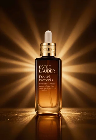 Amber glass bottle with gold pump under dramatic golden light