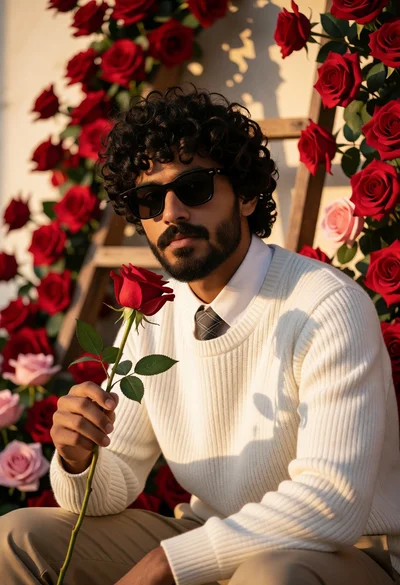 Young man with red rose against wall of pink and red roses