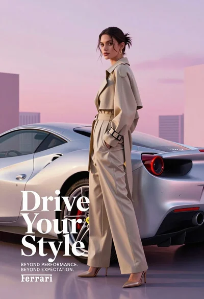 Stylish woman by silver ferrari in pink purple urban studio setting