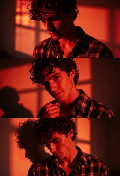 Triptych portrait of young man with dark curly hair in red light