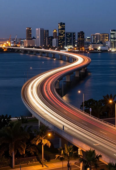 High angle view of curved highway bridge at twilight over water toward