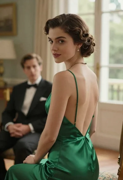 Woman in green dress looking over shoulder in bright ballroom setting