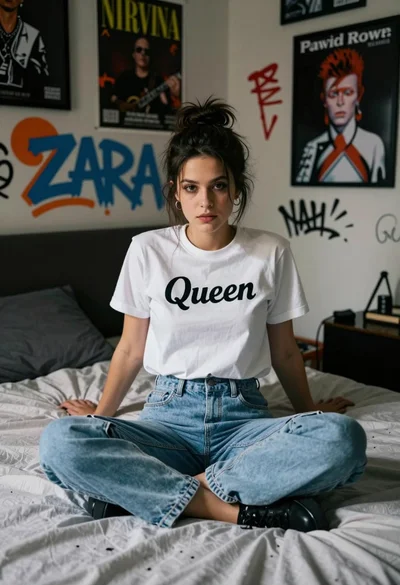 Young woman sitting on bed in dimly lit punk rock decorated bedroom