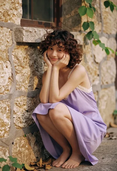 Young woman in lavender slip dress squatting against weathered stone wall outdoors