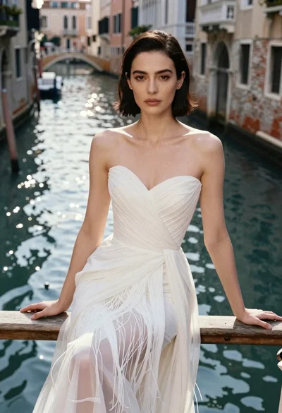 Woman in white gown seated on railing overlooking canal with arched buildings
