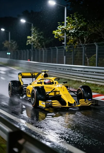 Yellow formula one race car speeding through wet night track corner