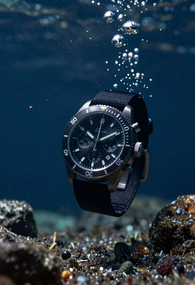Black chronograph watch with fabric strap floating in deep blue underwater scene