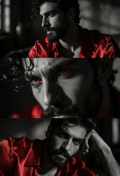 Triptych portrait of man with dark hair wearing red satin shirt