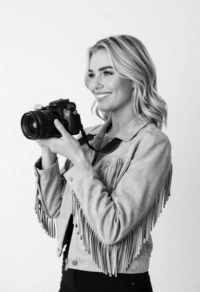 Smiling blonde woman holding camera against plain white background