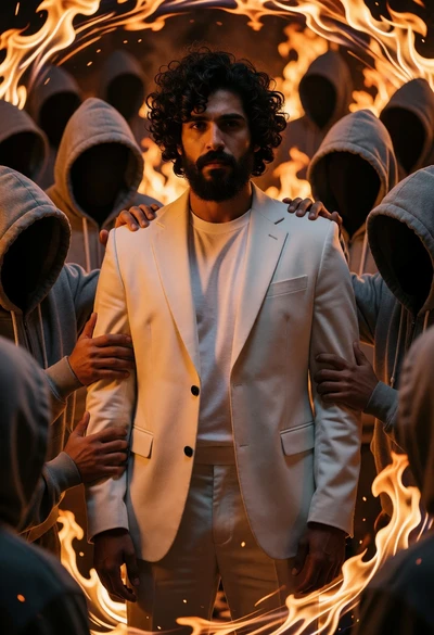 Man in suit surrounded by hooded figures within a swirling vortex of